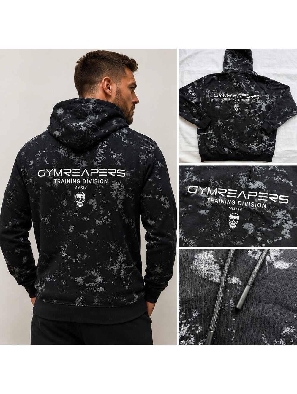 Gymreapers Training Division Tie Dye Marble Hoodie Black Gray Skull Pullover L